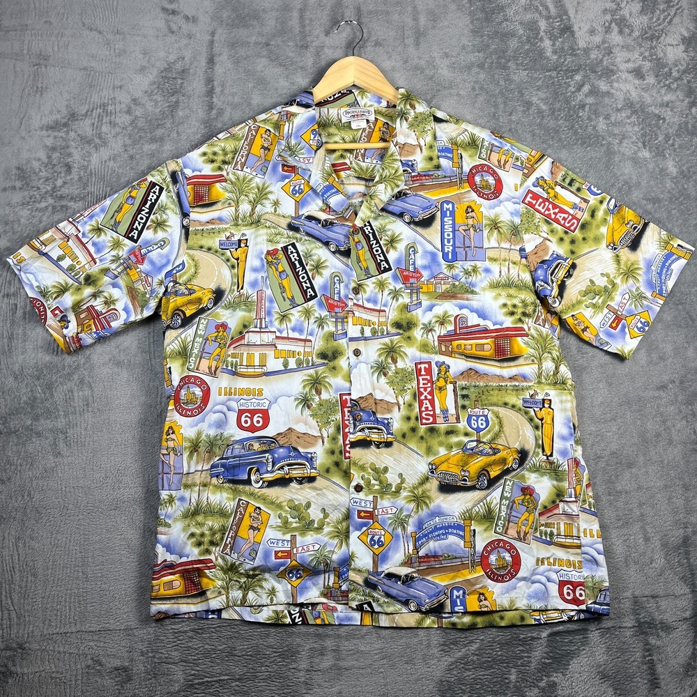 VTG Pacific Legend Route 66 Hawaiian Shirt Mens 2XL Multi Tropical Camp Collar